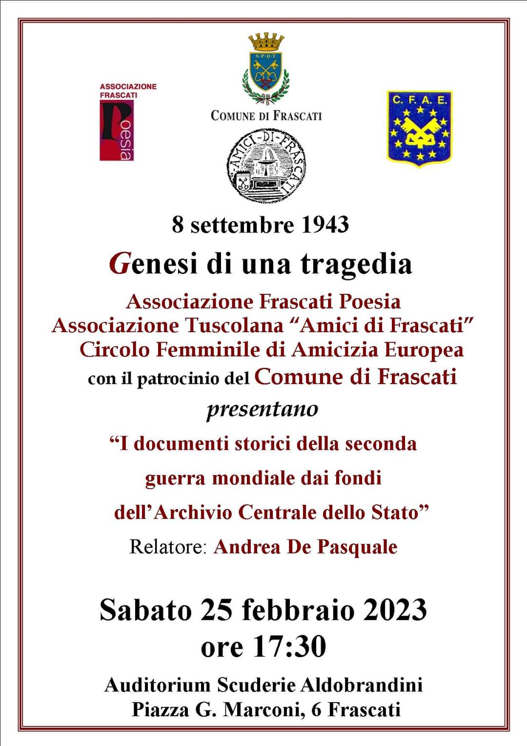 Frascati Conferenza Documenti storici inediti della 2 guerra